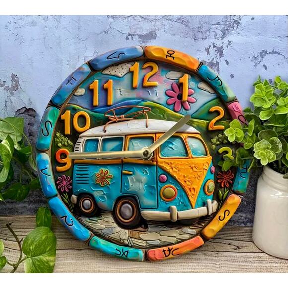 Retro Boho 60's Bus Van Clock 8"x 8" - Picture 3 of 10